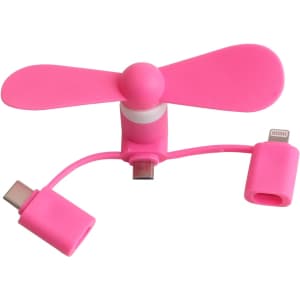 A pink 3 in 1 smartphone fan with two connectors, designed for various mobile devices.