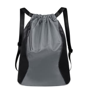 A grey and black sports drawstring backpack with mesh sides and a zippered pocket. It has adjustable straps.