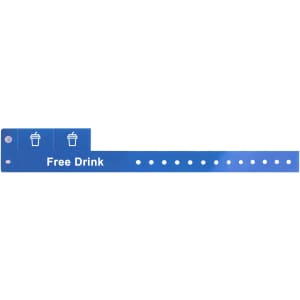 A blue disposable PVC wristband with tabbed design, featuring icons and space for text.