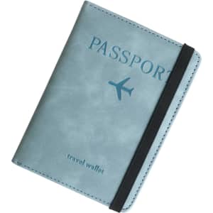 A light blue RFID multifunctional PU leather passport holder with an elastic band and a logo.