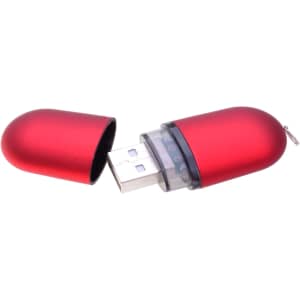 A red capsule-shaped flash drive with a removable cap, featuring a USB connector. It has a sleek metallic finish.