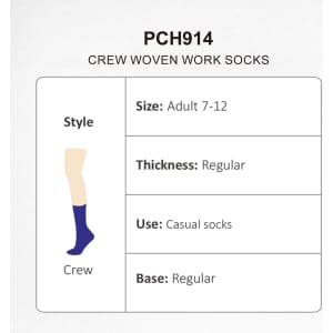 A pair of purple crew woven work socks displayed with size and thickness details. Features a branding logo.