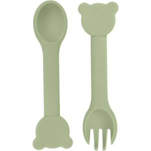 A bear-shaped silicone kids cutlery set in a soft green colour, featuring a spoon and fork with bear designs.