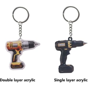 A custom-shaped acrylic keyring featuring a drill design in yellow and black, alongside another black drill keyring.