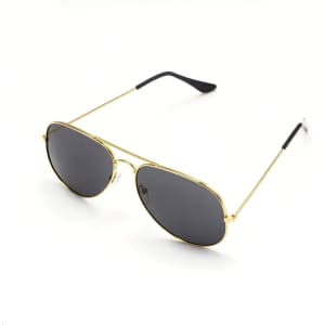 Classic aviator sunglasses with a gold frame and dark lenses, featuring black tips on the arms.