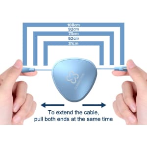A triangular blue portable charging cable with multiple retractable lengths is held by two hands.