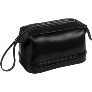 A black PU toiletry bag with a zip closure and a detachable wrist strap, featuring a sleek, shiny finish.