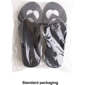Black rubber thongs packaged in clear plastic, featuring a textured insole and a simple design.