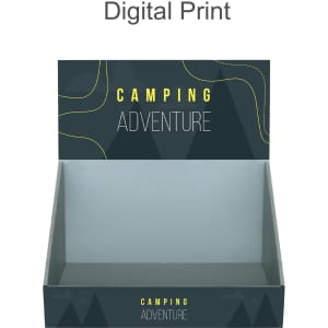 A corrugated cardboard counter display in grey with a digital print featuring a camping theme and a logo.