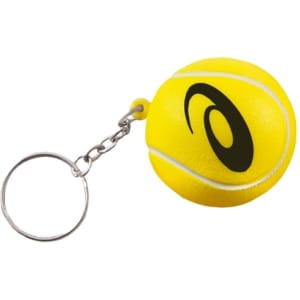 A yellow tennis ball stress item attached to a metal keyring, featuring a black logo.
