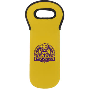 A drink bottle cooler in bright yellow with a black trim and a logo. Designed to fit a single wine bottle.