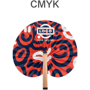 A peach-shaped wooden paper fan featuring a red and blue abstract design and a logo on the front.