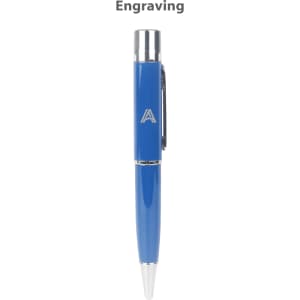 A blue metal pen featuring a clip and a logo, designed for engraving.
