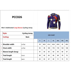Men's long sleeve cycling jersey in blue with vibrant graphics and logo. Includes size chart and specifications.