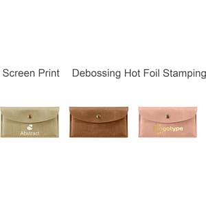 A PU leather glasses pouch in three colours: cream, brown, and pink, featuring different branding options.
