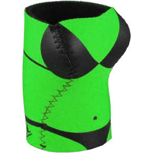 A drink bottle holder featuring a bright green design with black accents resembling a bikini top. Includes a logo.