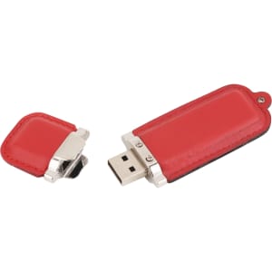 A red flash drive with a removable cap featuring a sleek design and metallic accents.