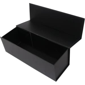 A black foldable box designed for a single wine bottle, featuring a magnetic closure and an internal compartment.
