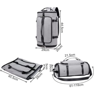 A grey convertible bucket backpack duffel bag, featuring adjustable straps and various dimensions for storage versatility.
