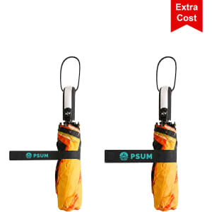 A folding ten-panel umbrella in vibrant orange, secured with a black strap, featuring a logo.