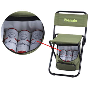 A foldable camping chair in olive green with a cooler bag underneath holding several drink cans and a logo.