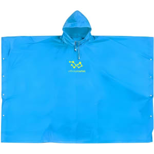 A blue reusable PEVA rain poncho with a hood and an attached logo, featuring snap closures along the sides.
