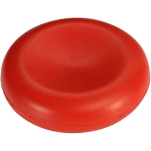 A red stress reliever shaped like a cell, with a smooth, rounded surface. It features a logo on one side.