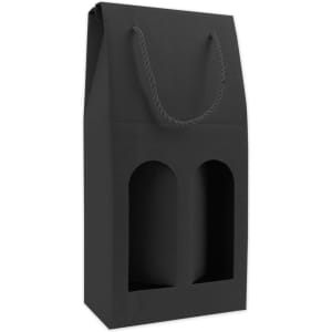 A drink bottle packaging in black with two cut-out slots and a rope handle. Features a simple design and logo.