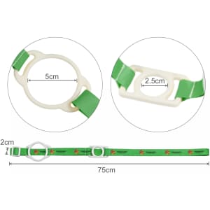 A green lanyard with a white hold for securing a drink bottle, measuring 75 cm in length.
