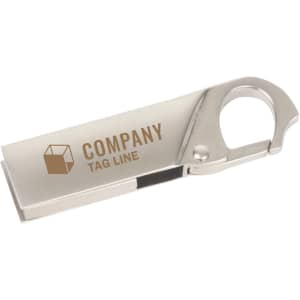 A sleek silver clip lock flash drive with a handle and a branding logo on its surface.
