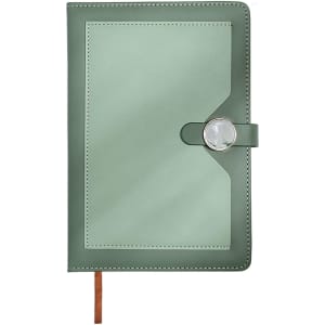 A green magnetic buckle pocket notebook with a smooth finish and a decorative button closure. It has a logo on the cover.