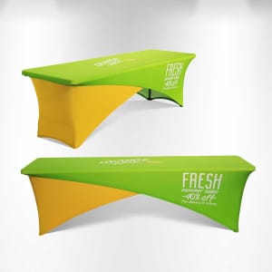 A green and yellow stretch tablecloth designed for a 6ft table, featuring a logo and a fitted style.