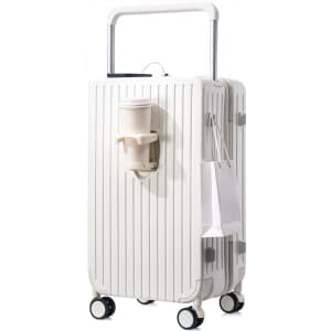 A white hardside suitcase with a textured surface, featuring wheels and a handle, along with a cup holder.