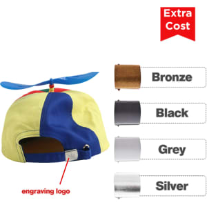 A colourful propeller baseball cap featuring blue, yellow, and red sections, with an engraved logo on the back.