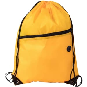 A bright yellow polyester drawstring bag featuring a zippered pocket and a black button accent.