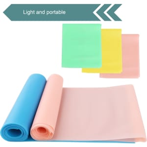 Fitness resistance bands in blue, pink, green, and yellow colours, rolled and flat, featuring a logo.