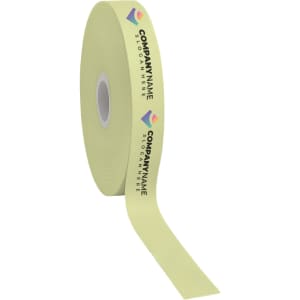 A roll of yellow satin polyester ribbon featuring a logo and full colour printing.