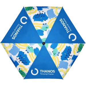 A blue umbrella featuring a vibrant abstract design and a logo, designed for promotional use.