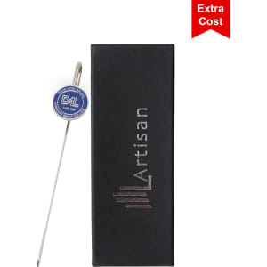 A metal bookmark with a circular top and a sleek silver finish, presented in a black box. It has a branding logo.