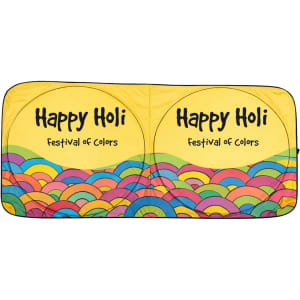 A twin circular sun shade featuring a vibrant yellow design with colourful waves and text celebrating Holi.