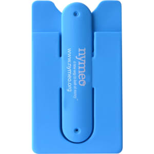 A blue phone wallet featuring a logo, with a slim design and a stand feature for convenience.