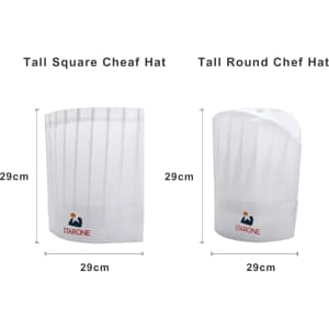 A tall round and a tall square disposable non-woven chef hat, both in white, 29cm in height, with a logo.