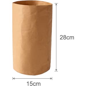 A large, brown washable kraft paper bag with dimensions of 15 cm diameter and 28 cm height. It has a plain design and a logo.