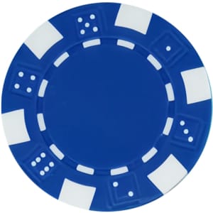 A blue poker chip with white accents and various inlaid designs. It features a logo in the centre.