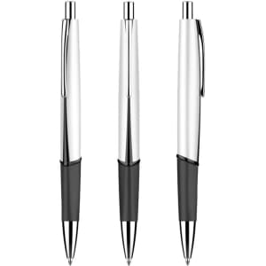 A set of three sleek silver plastic pens with black grips, featuring a simple design and shiny finish.