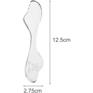 A sleek, silver massage tool with a foot-shaped design, measuring 12.5 cm by 2.75 cm, featuring a logo.