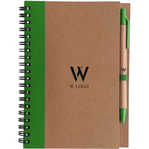 A kraft notebook with a green spine and a matching ballpoint pen. The notebook features a logo on the cover.