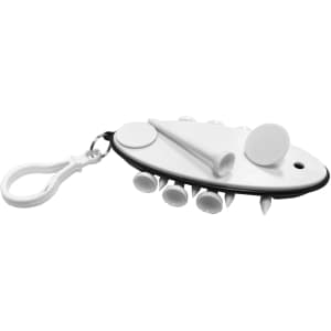 A golf tee set in white, featuring multiple tees and a clip for easy attachment.