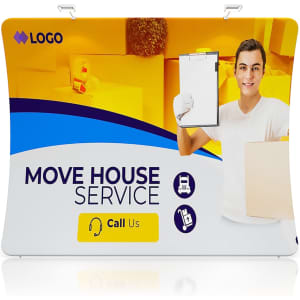 A promotional U-shaped tension fabric display wall featuring bright colours and a logo, advertising a moving house service.
