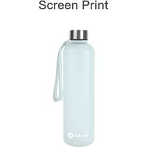 A drink bottle in light blue, featuring a stainless steel lid and a wrist strap, with a logo on the side.